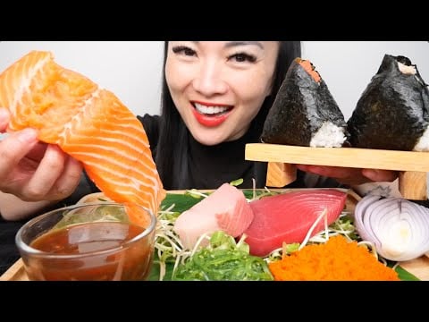 SASHIMI SLAB + ONIGIRI (ASMR EATING SOUNDS) LIGHT WHISPERS | SAS-ASMR