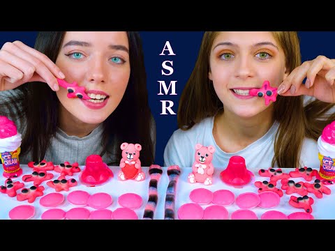 MOST POPULAR FOOD FOR ASMR PINK FOOD JELLY CUPS, SUGAR BEAR, GUMMY SNAKE, UFO WAFERS MUKBANG 먹방