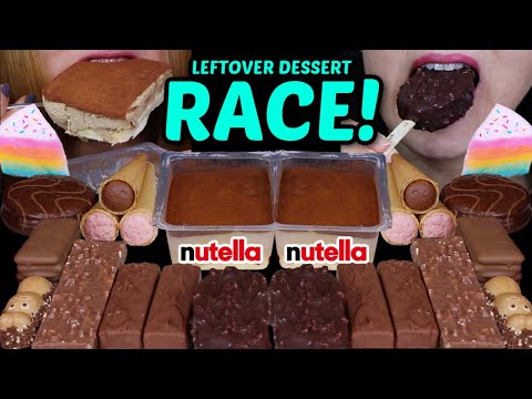 ASMR LEFTOVER DESSERT RACE! RAINBOW COTTON CANDY ROLL, TIRAMISU, MINI DARK DOVE ICE CREAM, KINDER 먹방