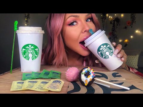 ASMR EDIBLE STARBUCKS COFFEE CUP, LID, STIR STICK, POP ROCKS, CAKE POPS MUKBANG EATING SHOW 먹방