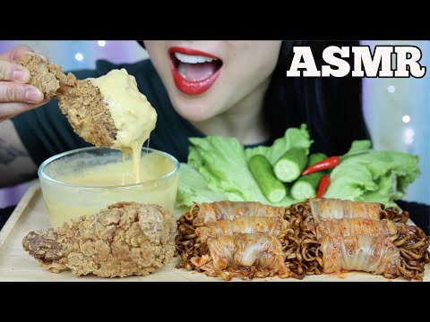 ASMR FRIED CHICKEN CHEESE SAUCE + KIMCHI WRAP BLACKBEAN NOODLE (EATING SOUND) NO TALKING | SAS-ASMR