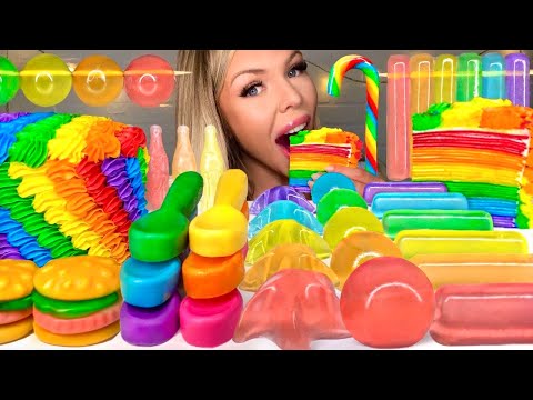 ASMR RAINBOW FOOD* CREPE CAKE, SOUR CANDY, NIK-L-NIPS WAX BOTTLE, EDIBLE SPOON, JELLY MUKBANG 먹방