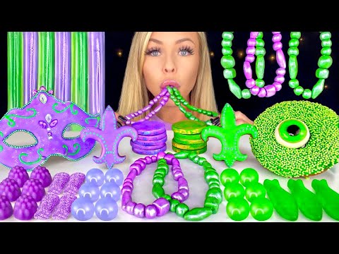 ASMR MARDI GRAS FOOD, EDIBLE MARDI GRAS BEADS, CANDY MASQUERADE MASK MUKBANG 먹방 HUNNIBEE ASMR 꿀벌