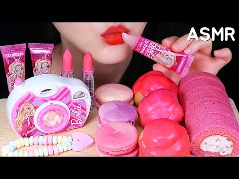 ASMR PINK FOOD ASMR EDIBLE BARBIE FOOD, EDIBLE LIPSTICK, EDIBLE LIP GLOSS, CAKE, MACARON, CANDY ASMR