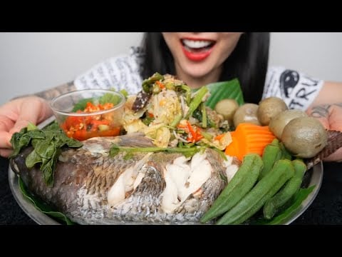 VEGGIE PLATTER WITH STEAM FISH (ASMR EATING SOUNDS) LIGHT WHISPERS | SAS-ASMR