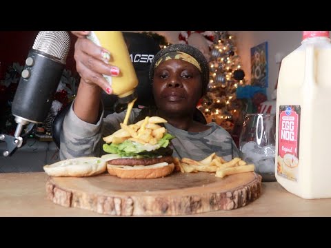 EGG NOG CHEESE BURGER FRESH LETTUCE ASMR EATING SOUNDS