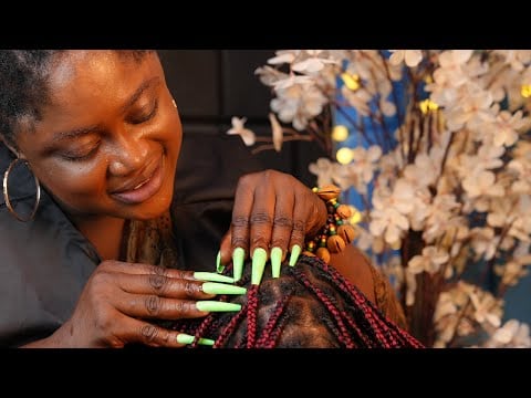 ASMR ✨long nails scratching and oiling on long braids, soft whispering in my Native language