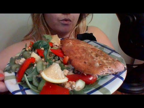 ASMR Salmon and Salad, Fresh Fruits, Chewing Sounds, Crunching, Whispering