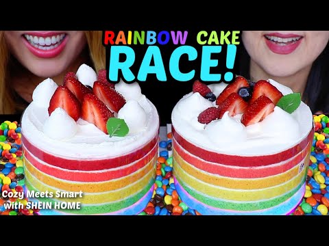 ASMR HUGE RAINBOW CAKE RACE EATING COMPETITION! Behind the scenes & mukbang shopping 먹방