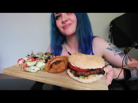 ASMR Eating Homemade Burger, Beer Battered Onion Rings & Salad (SUPER DELICIOUS EATING SOUNDS) 🍔😋