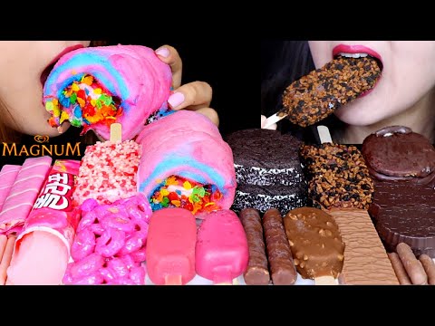 ASMR STRAWBERRY COTTON CANDY ICE CREAM BURRITO, PINK MAGNUM ICE CREAM, CAKE POP, CREPE WAFER, PIE 먹방