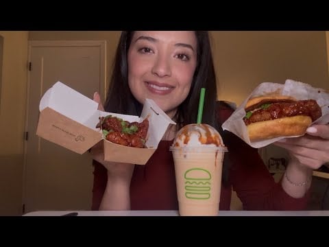 ASMR | Shake Shack Korean chicken sandwich and spicy caramel shake  