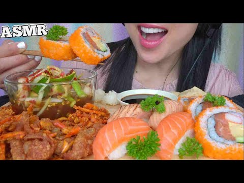 ASMR SUSHI + SPICY PAPAYA SALAD (CRUNCHY EATING SOUNDS) LIGHT WHISPERS | SAS-ASMR