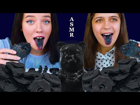 ASMR BLACK FOOD GUMMY BEAR, ICE CREAM, LICORICE TWISTS, EDIBLE COINS EATING SOUNDS