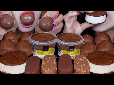 ASMR CHOCOLATE PROFITEROLES, MINI CRUNCHY CHOCOLATE ICE CREAM BARS, MARSHMALLOWS, ICE CREAM SANDWICH