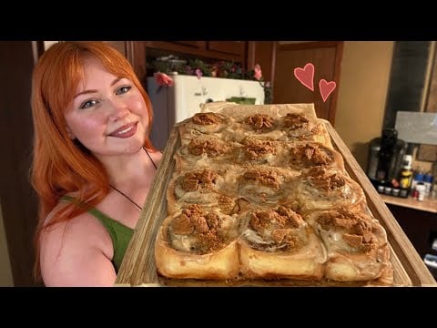ASMR Baking Cookie Butter Cinnamon Rolls (Close Whisper, Rainy Ambience)