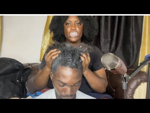 ASMR✨Blow Relaxing My Brothers Hair With Hair Relaxer And Bubblegum chewing sound.
