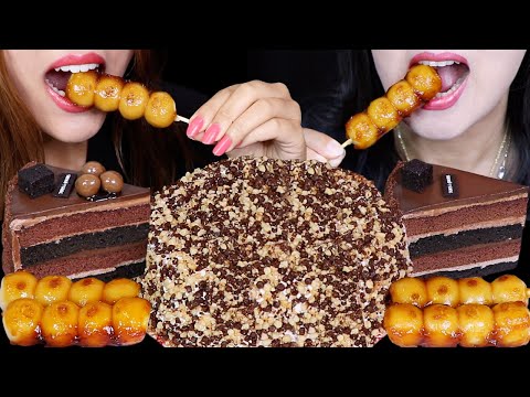 ASMR CHOCOLATE ICE CREAM CAKE + DANGO + DARK CHOCOLATE BROWNIE CAKE *SOFT EATING SOUNDS* 초콜릿 케이크 먹방