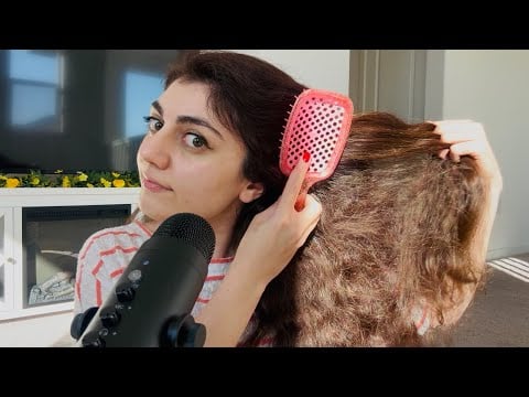 [ASMR whispering & rambling] brushing long, thick & curly hair! Showing you a quick updo with clips🎀