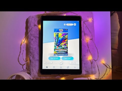 ASMR Unwrapping new Mega Rising Pokémon TCGP packs⚡️(whispers, screen tapping, mic scratching)