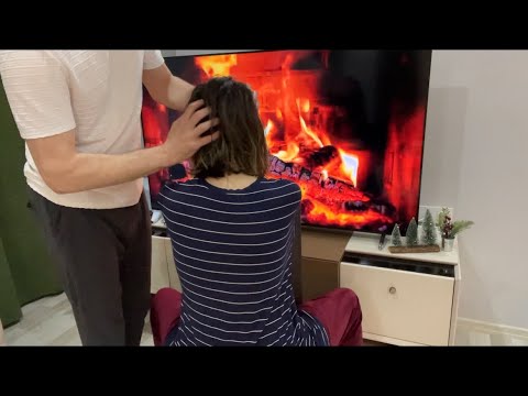 Hair Scratching Massage with Cozy Fireplace Background | Deep Back Massage