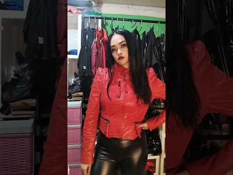Red Leather jacket TRY ON Modeling #leatherjacket #leatherjacketstyle #leatherjacketwomens