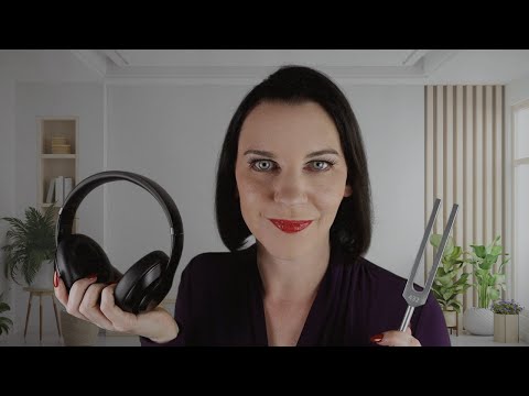 ASMR Hearing Test (ear exam, whispered words, headphone beeps, tuning fork)