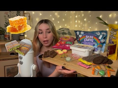 ASMR trying new snacks plus HONEY COMB for the first time (mukbang, chewing sounds, whispers)