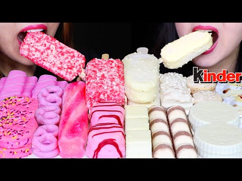 ASMR WHITE CHOCOLATE STRAWBERRY DESSERTS (CHEESECAKE, ICE CREAM BARS, CAKE BITES, KINDER BUENO 먹방