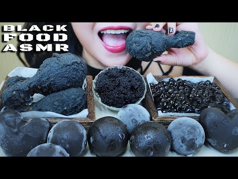 ASMR BLACK FOOD ICE CREAM BALL FRIED CHICKEN TAPIOCA PEARLS EBIKO EGGS , EATING SOUNDS | LINH-ASMR