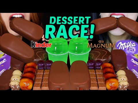 ASMR LEFTOVER DESSERT RACE! MAGNUM ICE CREAM BARS, MILKA CHOCOLATE BAR, KINDER HAPPY HIPPO, DANGO 먹방