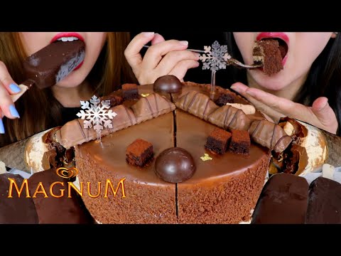 ASMR CHOCOLATE CAKE + MAGNUM ICE CREAM BARS + BROWNIE ICE CREAM CONES 초콜릿 케이크 먹방 | Kim&Liz ASMR