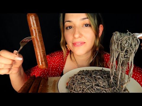 SİYAH SPAGETTİ & İTALYAN SOSİS/SUCUK GÖMDÜM | YEMEK SESLERi | #MUKBANG TÜRKÇE #ASMR