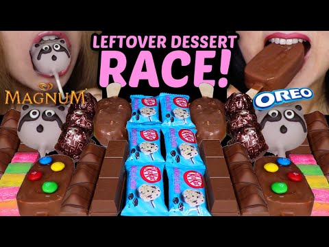 ASMR LEFTOVER DESSERT RACE! RACCOON CAKE POPS, BIG KITKATS, MAGNUM, NUTELLA, M&MS ICE CREAM 먹방