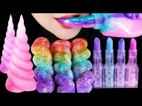 UNICORN FOOD ASMR HONEY JELLY, UNICORN HORN WAX CANDY, EDIBLE LIPSTICK, UNICORN TWISTED MUKBANG 🦄