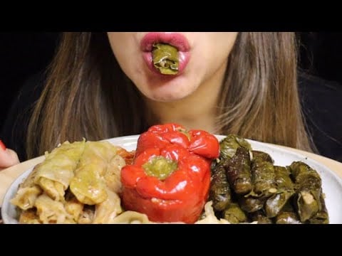 ASMR وَرَق عِنَبٍ DOLMA STUFFED GRAPELEAVES CABBAGE RED PEPPERS MUKBANG CREMA ASMR #asmr #mukbang