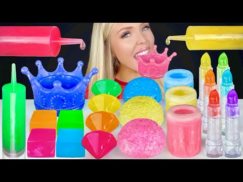 ASMR Rainbow Food, Square Jelly, Edible Crown Wax Candy, Sour Strips, Snoballs, Syringe Mukbang 먹방