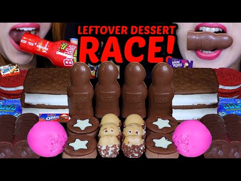 ASMR EXTREME LEFTOVER DESSERT RACE! LOSER HAS TO DRINK SPICY BULDAK SAUCE! CAKE POP, KINDER, CADBURY