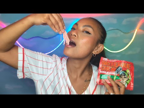 ASMR Chewing Big League Chew Slammi' Strawberry Flavored Gum
