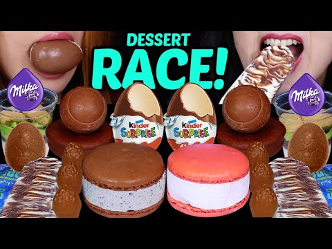 ASMR SHOCKING LEFTOVER DESSERT RACE! KINDER CHOCOLATE EGGS, MILKA OREO SNOBALLS, FERRER ROCHER 먹방