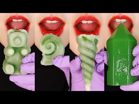 FAST EATING ASMR LIPS EATING ASMR HONEY JELLY WAX CANDY MUKBANG ASMR GREEN FOOD MUKBANG 💚