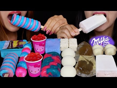 ASMR HELLO KITTY POPPING BOBA, COTTON CANDY TWIST BAR, DUNKAROOS, BON BON BITES, MILKA OREO BARS 먹방