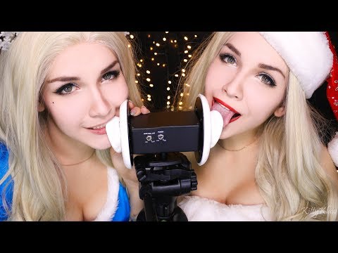 ASMR👂Ear L👅CKING💋 TWIN Santa+Snow Maiden, K❣ssing, M♥uth Sound, Breath❣ng🎁 АСМР Звуки рта, поцелуи❄