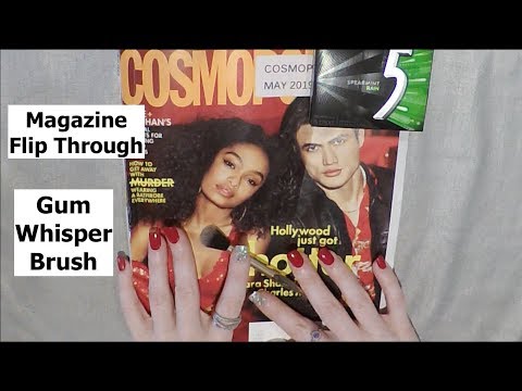 ASMR Gum Chewing Magazine Flip Through. Whisper, Brush, Tracing