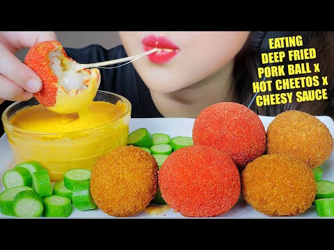 ASMR DEEP FRIED PORK BALL WITH HOT CHEETOS AND CHEESY SAUCE CRUNCHY EATING SOUNDS | LINH-ASMR