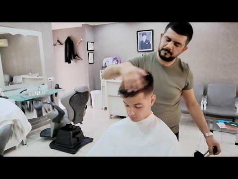 Asmr Turkish barber scissors and machine haircut (american model) also hair washing and head massage