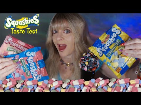 ASMR SQUASHIES Gummy Candy Taste Test | Banana Blueberry, Bubble Gum, Strawberry & Cream