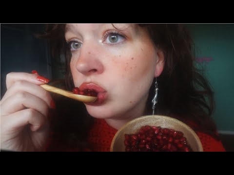 ASMR eating pomegranate seeds and soft whispers (wet, crispy bites, close up, wooden spoon)