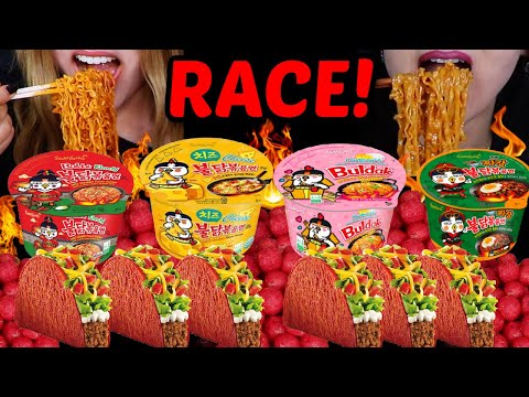 ASMR SPICY BULDAK RAMEN NOODLES & TACOS RACE! *BIG BITES* 먹방