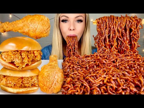 ASMR SPICY BLACK BEAN NOODLES, POPEYES SPICY CHICKEN SANDWICH MUKBANG 먹방